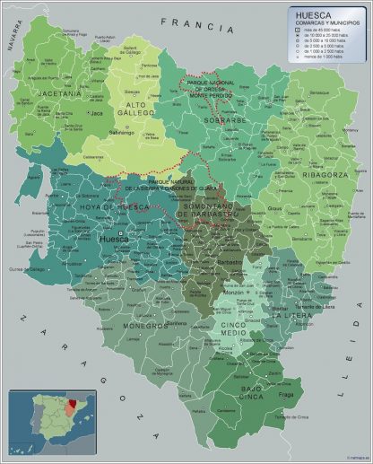 Municipalities Huesca map from Spain