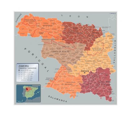 Municipalities Zamora map from Spain